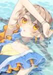  1girl :o arm_up blush bracelet braid brown_hair collarbone dress earrings frills hair_between_eyes highres jewelry looking_at_viewer lying nail_polish on_back open_mouth orange_eyes orange_nails original partially_submerged solo twin_braids upper_body water yachishi_orca yellow_eyes 