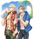  2boys abs bara black_male_swimwear blonde_hair blue_eyes brown_hair cup curtained_hair drinking drinking_straw food green_male_swimwear hawaiian_shirt holding holding_cup holding_food hood hood_down ice_cream ice_cream_cone jack_krauser jammers large_pectorals leon_s._kennedy male_focus male_swimwear multiple_boys muscular muscular_male navel open_clothes open_shirt pectorals red_shirt resident_evil resident_evil_4 resident_evil_4_(remake) shirt short_hair sunglasses tatsumi_(psmhbpiuczn) tongue tongue_out 
