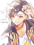  1boy 2023 black_hair black_jacket blush collar daifugo_happy dated ensemble_stars! happy_birthday highres jacket long_sleeves male_focus multicolored_hair nagumo_tetora orange_eyes red_collar red_hair shirt short_hair smile solo sparkle teeth white_shirt 