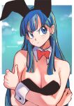  1girl aosora2823 bare_shoulders blue_eyes blue_hair breasts bulma cleavage dragon_ball frown highres large_breasts long_hair looking_at_viewer necktie playboy_bunny solo 