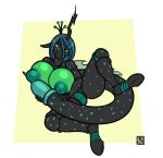  2023 anthro areola arthropod artist_name big_breasts blue_hair breasts cell_(dragon_ball) changeling digital_media_(artwork) dragon_ball female fingers freckles_(artist) friendship_is_magic fusion green_eyes hair hasbro horn insect_wings long_hair looking_at_viewer my_little_pony nipples queen_chrysalis_(mlp) simple_background smile solo spread_legs spreading tail wings 