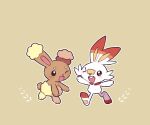  &gt;_o ;d black_eyes blush bright_pupils brown_background buneary commentary happy one_eye_closed open_mouth outline oyul_o pokemon pokemon_(creature) scorbunny simple_background smile white_pupils 