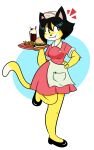  2020 4_fingers :3 absurd_res anthro apron arm_tuft bangs bent_leg beverage biped black_clothing black_ears black_eyelashes black_eyes black_footwear black_hair black_nose black_shoes breasts burger candy cat_tail cherry chocolate chocolate_milkshake closed_smile clothed clothed_anthro clothed_female clothing colored countershade_face countershade_neck countershading dessert digital_drawing_(artwork) digital_media_(artwork) dipstick_tail domestic_cat dress elbow_tuft eyebrow_through_hair eyebrows eyelashes felid feline felis female female_anthro fingers food footwear fries front_view fruit full-length_portrait fur hair hair_between_eyes hand_on_hip hat headgear headwear hi_res holding_serving_tray kabula_(artist) looking_aside mammal markings medium_hair milkshake mouth_closed name_tag on_one_leg pink_clothing pink_dress pink_inner_ear plant pockets portrait pupils red_emanata serving_tray shaded shoes simple_background simple_shading smile snaggle_tooth solo standing straw tail tail_markings translucent translucent_hair tuft waist_apron waiter white_apron white_background white_body white_clothing white_countershading white_hat white_headwear white_markings white_pupils yellow_body yellow_fur yellow_tail yellow_tuft 