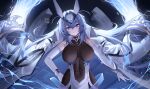  1girl :3 absurdly_long_hair absurdres azur_lane blue_eyes blue_hair blush bodystocking breasts closed_mouth coat coat_on_shoulders collarbone commentary commission covered_navel cowboy_shot dress elbow_gloves floating_hair gloves hair_between_eyes hair_intakes hand_on_own_hip headgear highres jeze large_breasts long_hair looking_at_viewer new_jersey_(azur_lane) pixiv_commission revision rigging see-through_cleavage sidelocks smile solo standing very_long_hair white_coat white_dress white_gloves 