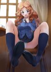  1girl absurdres bc_freedom_school_uniform black_socks blue_eyes blush breasts brown_hair crotch from_below girls_und_panzer hand_to_own_mouth highres isabe_(girls_und_panzer) long_hair looking_at_viewer medium_breasts miniskirt on_chair open_mouth panties pleated_skirt sahara1127 school_uniform sitting skirt smile socks solo underwear white_panties window 