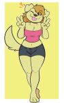  2020 3_toes 4_fingers absurd_res anthro arm_tuft biped border bottomwear breasts canid canine canis cheek_tuft chest_tuft claws clothed clothed_anthro clothed_female clothing colored crop_top digital_drawing_(artwork) digital_media_(artwork) domestic_dog double_v_sign elbow_tuft eye_through_hair eyebrow_through_hair eyebrows facial_tuft feet female female_anthro fingers fur gesture grey_bottomwear grey_clothing grey_shorts hair hi_res kabula_(artist) mammal midriff navel one_eye_closed pink_clothing pink_crop_top pink_tongue pink_topwear shirt shorts shoulder_tuft simple_background solo standing strapless_clothing tail toe_claws toes tongue tongue_out topwear translucent translucent_hair tuft v_sign white_border yellow_background yellow_body yellow_ears yellow_emanata yellow_fur yellow_tail yellow_tuft 