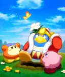 aruco_co bandana bandana_waddle_dee blue_sky blush_stickers bug butterfly butterfly_wings cloud commentary flower grass highres king_dedede kirby kirby_(series) looking_up no_humans open_mouth sky smile solid_oval_eyes symbol-only_commentary white_flower wings yellow_flower 