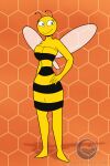  2023 antennae_(anatomy) anthro arthropod bee big_breasts breasts butt clothed clothing crescent-blue-zero dress female hi_res huge_breasts hymenopteran insect lena_the_bee non-mammal_breasts russian_cooking_oil_commercial smile solo tight_clothing wings 