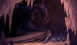  ambiguous_gender cave dragon feral hi_res horn kolaa membrane_(anatomy) membranous_wings mouth_closed orange_eyes purple_body purple_horn purple_scales ridged_horn scales side_view solo wings 