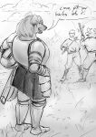 2023 absurd_res anthro armor chainmail clothing cloud dialogue doctordj female fur grass greyscale group headgear helmet hi_res holding_armor holding_headgear holding_helmet holding_object human hyena jaqueline_(panzerschreckleopard) male mammal mature_female melee_weapon monochrome notched_ear plant plate_armor sallet shield solo speech_bubble spotted_hyena sword weapon 