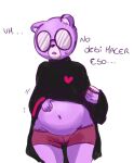  2023 anthro bear belly biped bodily_fluids bunny0baby clothing dialogue eyewear glasses hi_res male mammal navel padre_(unicorn_wars) pregnant pregnant_male purple_body solo spanish_text sweat text underwear unicorn_wars 