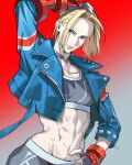  abs absurdres blonde_hair blue_eyes cammy_white fingerless_gloves gloves hand_on_own_hip highres jacket leather leather_jacket nshi spikes street_fighter street_fighter_6 studded 