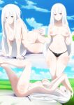  1girl absurdres arms_up barefoot blue_sky bottomless breasts cedric_(gear_art) cleft_of_venus cloud colored_eyelashes commentary completely_nude cup echidna_(re:zero) english_commentary field from_side grass grin hanging_breasts highres holding holding_cup knees_up legs_up long_hair looking_at_viewer lying mug multiple_views nipples nude on_side purple_eyes pussy re:zero_kara_hajimeru_isekai_seikatsu sky slap_mark slit smile standing thighs v-shaped_eyebrows variant_set very_long_hair white_hair 