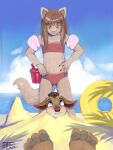  anthro antlers beach bikini blush buried clothing durwyn_(liquidfay) female floatie hi_res horn inflatable looking_down male moriko_(liquidfay) paws sand seaside swimwear teern young 