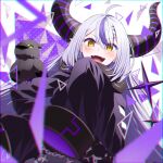  1girl 4b-enpitsu ahoge blush braid chain chromatic_aberration commentary crow_(la+_darknesss) fangs film_grain french_braid grey_hair hair_between_eyes highres hololive horns la+_darknesss la+_darknesss_(1st_costume) long_hair long_sleeves looking_at_viewer multicolored_hair open_mouth pointy_ears purple_hair signature sleeves_past_wrists slit_pupils solo streaked_hair symbol-only_commentary very_long_sleeves virtual_youtuber white_background yellow_eyes 