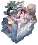  1girl animal_ears artist_request blunt_bangs breasts brown_hair cup from_above highres kaguyahime_(mahjong_soul) looking_at_viewer lying mahjong_soul naked_towel official_art on_back onsen partially_submerged petals petals_on_liquid rabbit_ears red_eyes rock solo teacup teapot towel transparent_background tree water 
