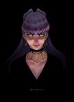  1girl asymmetrical_bangs black_background black_choker black_suit blue_eyeshadow breasts center_opening choker cleavage cone_hair_bun demon demon_girl earrings evelynn_(league_of_legends) eyeshadow gold_earrings hair_bun highres hoop_earrings jewelry k/da_(league_of_legends) league_of_legends long_hair looking_at_viewer makeup medium_breasts necklace parted_lips pink_lips purple_hair shameichi slit_pupils solo suit the_baddest_evelynn tooth_necklace twitter_username yellow_eyes 