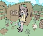  1girl :d ahoge axe bird black_outline block block_(minecraft) blue_eyes blush bow bowtie brown_footwear brown_hair cardigan chicken chicken_(minecraft) cloud crafting_table_(minecraft) fisheye flower grass green_ribbon grey_sailor_collar grey_skirt hair_bow hair_ornament heart heart_hair_ornament holding holding_axe indie_virtual_youtuber kneehighs long_hair long_sleeves looking_to_the_side minecraft neck_ribbon neuro-sama open_mouth outline pantsu-ripper pleated_skirt red_ribbon ribbon sailor_collar school_uniform shoes skirt sky smile socks solo_focus standing tree turtle two_side_up vedal987 virtual_youtuber wide_shot yellow_cardigan 