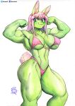  absurd_res anthro big_breasts bikini breasts clothed clothing female flexing green_body hair hi_res lagomorph leporid mammal murazaki muscular muscular_female pink_hair rabbit simple_background solo swimwear thick_thighs white_background 
