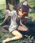  1girl absurdres animal_ear_fluff annmitsu114 barefoot black_hair black_hoodie black_shorts crossed_bangs day feet full_body grass hair_ornament hands_up highres hololive hood hoodie legs long_sleeves multicolored_hair nail_polish off_shoulder on_ground ookami_mio orange_eyes outdoors outstretched_arm shadow short_shorts shorts sidelocks sitting sleeves_past_wrists solo spread_toes streaked_hair tail tearing_up thighs toenail_polish toenails toes tree two-tone_hoodie virtual_youtuber wariza white_hoodie wolf_girl wolf_tail 