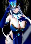  1girl absurdres black_background blue_dress blue_eyes blue_gemstone blue_gloves blue_headwear body_markings breasts cleavage commentary cosplay cowboy_shot curvy detached_collar dress elbow_gloves feather-trimmed_gloves gem genshin_impact gloves glowing_headgear gold_trim grey_hair hair_over_one_eye halo hand_on_own_chest hat highres huge_breasts long_hair looking_at_viewer mirror_maiden_(genshin_impact) mirror_maiden_(genshin_impact)_(cosplay) o-ring parted_lips pelvic_curtain shenhe_(genshin_impact) sidelocks simple_background skirt solo standing swept_bangs white_skirt ym-1 