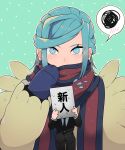  2boys absurdres aqua_eyes aqua_hair commentary_request eyelashes green_background grusha_(pokemon) hand_up highres jacket kurota_(hmdstk0801) long_sleeves looking_at_viewer male_focus mittens multiple_boys pokemon pokemon_(game) pokemon_sv scarf scarf_over_mouth spoken_squiggle squiggle striped striped_scarf translation_request two-tone_scarf yellow_jacket 