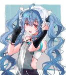  1girl ahoge bare_shoulders black_gloves blue_hair commentary_request double_helix girls&#039;_frontline girls&#039;_frontline_neural_cloud gloves hair_between_eyes hands_up helix_(girls&#039;_frontline_nc) highres long_hair looking_at_viewer nishi_yukihira open_mouth red_eyes sleeveless smile solo twintails upper_body very_long_hair 