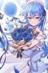  1girl absurdres balloon beret blue_flower blue_hair blue_ribbon blue_rose blurry blush bouquet crown depth_of_field dress flower hair_between_eyes hair_ornament hair_ribbon hat highres holding holding_bouquet hololive hoshimachi_suisei long_hair looking_at_viewer mini_crown open_mouth ribbon rose smile virtual_youtuber white_dress yozora_(1wkdgusdn) 