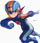  1boy blue_bodysuit blue_headwear bodysuit brown_hair clenched_hand closed_mouth covered_collarbone covered_navel green_eyes helmet highres looking_at_viewer male_focus mega_man_(series) mega_man_battle_network_(series) megaman.exe outstretched_arm short_hair simple_background smile solo spiked_hair twitter_username white_background zero-go 