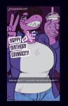  2023 anthro brown_hair clothed clothing deltarune english_text female gesture grimace_birthday_shake hair hi_res latchk3y looking_at_viewer purple_body purple_eyes reptile scalie smile smiling_at_viewer solo susie_(deltarune) text undertale_(series) v_sign 