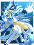  belly blue_body blue_eyes blue_feathers blue_hair blue_horn cygames dragalia_lost dragon dragoooon1223 feathered_wings feathers female feral hair hand_on_head hi_res horn looking_at_viewer mane mane_hair multi_wing nintendo scales scalie styx_(dragalia_lost) tail western_dragon white_body white_scales wings yellow_belly 