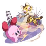  1girl animal_ears animal_hands battle blush_stickers clawroline claws colored_sclera eyelashes eyeshadow furry furry_female highres kirby kirby_(series) kirby_and_the_forgotten_land leopard_ears leopard_tail makeup poyo_party solid_oval_eyes stage_lights tail yellow_sclera 