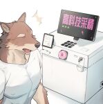  anthro brown_body brown_fur canid canine chinese_text clothed clothing countershade_arms countershade_face countershade_fur countershade_neck countershading dr.kiyo fur hi_res male mammal open_mouth penetrable_sex_toy sex_toy shirt solo text topwear translation_request 