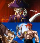  3boys android_16 angry artist_name blue_eyes clenched_butt cosplay dragon_ball frieza highres jack_krauser jack_krauser_(cosplay) leon_s._kennedy leon_s._kennedy_(cosplay) male_focus multiple_boys muscular muscular_male pipeesnow ramon_salazar ramon_salazar_(cosplay) red_hair resident_evil resident_evil_4 resident_evil_4_(remake) tail trunks_(dragon_ball) trunks_(future)_(dragon_ball) 