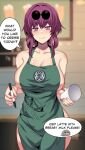  1girl absurdres apron ass barista blurry brand_name_imitation breasts cafe cameo coffee_cup collarbone commentary cup depth_of_field disposable_cup dual_wielding english_commentary eyewear_on_head green_apron hair_between_eyes highres hinghoi holding holding_cup holding_marker honkai:_star_rail honkai_(series) iced_latte_with_breast_milk_(meme) indoors kafka_(honkai:_star_rail) large_breasts looking_at_viewer marker meme naked_apron pom-pom_(honkai:_star_rail) purple_eyes purple_hair sideboob sidelocks sleeveless smile solo starbucks stelle_(honkai:_star_rail) sunglasses trailblazer_(honkai:_star_rail) 