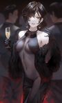  1girl absurdres black_dress black_hair breasts breasts_apart champagne_flute covered_navel cup dress drinking_glass earrings elbow_gloves fur_shawl gloves highres holding holding_cup jewelry kaoming large_breasts looking_at_viewer mole mole_on_neck nijisanji people see-through see-through_dress shawl shirayuki_tomoe short_hair sleeveless sleeveless_dress solo_focus underboob 