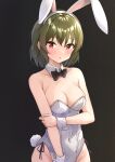  1girl :o absurdres animal_ears b1ack_illust black_background black_bow black_bowtie blush bow bowtie breasts cleavage collarbone covered_navel detached_collar fake_animal_ears fake_tail green_hair groin highres holding_own_arm idolmaster idolmaster_million_live! leotard looking_at_viewer medium_breasts nagayoshi_subaru playboy_bunny rabbit_ears rabbit_tail red_eyes simple_background solo strapless strapless_leotard tail white_leotard wrist_cuffs 