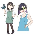  2girls apron black_footwear black_hair black_pantyhose blue_overalls blue_skirt blunt_ends bob_cut brooch brown_sweater_vest colored_inner_hair commentary cropped_torso do_it_yourself!! do_it_yourself!!_(drama) dress_shirt dual_persona gloves green_apron green_gloves green_necktie hand_on_own_hip holding_tool jewelry loafers looking_at_viewer medium_skirt multicolored_hair multiple_girls necktie open_mouth overalls pantyhose pleated_skirt power_drill purple_hair school_uniform shirt shoes short_hair skirt sleeveless sleeveless_shirt smile smirk sparkle standing sunglasses suride_miku sweater_vest swept_bangs tsubobot white_background white_shirt wing_brooch 