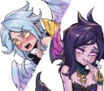  2girls angel_wings black_wings blush breasts cleavage colored_sclera english_commentary feathered_wings furrowed_brow hair_between_eyes kayle_(league_of_legends) league_of_legends long_hair looking_at_another morgana_(league_of_legends) multiple_girls open_mouth phantom_ix_row pointy_ears purple_eyes purple_hair purple_sclera siblings sidelocks simple_background sisters teeth twins upper_body upper_teeth_only v-shaped_eyebrows white_background white_hair white_wings wings yellow_eyes yellow_sclera 