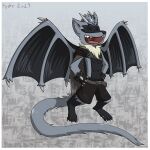  2023 absurd_res anthro armor black_body black_scales blue_body blue_fur bottomwear clothing custom_species drackal eyes_closed flying fur generation_4_pokemon hands_on_hips hi_res horn hybrid hydez kobold lost_in_chaos_scar male neck_tuft nintendo open_mouth pauldron pokemon pokemon_(species) riolu scales shorts shorts_only shoulder_cape squirrel_(lost_in_chaos) squirrel_(razim) tail tail_spines tuft wings 
