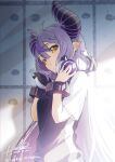  1girl absurdres ahoge alternate_costume black_horns braid braided_bangs collar grey_hair headphones highres hololive horns hz_(helu_2) la+_darknesss long_hair metal_collar multicolored_hair pointy_ears purple_hair short_sleeves solo streaked_hair virtual_youtuber wrist_cuffs yellow_eyes 