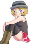  1girl absurdres blonde_hair blue_eyes blush boots bracelet breasts brown_footwear closed_mouth commentary_request earrings eyelashes from_side grey_headwear hand_up hat highres jewelry maho_(corotonton5150) pokemon pokemon_(anime) pokemon_journeys red_skirt serena_(pokemon) short_hair simple_background sitting skirt smile solo sweater_vest thighhighs thighs white_background zipper 