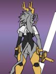  anthro antlers armor armwear big_breasts big_butt black_armwear black_clothing black_topwear blue_eyes bottomless bovid bracelet breasts butt caprine clothed clothing eyelashes featureless_crotch female floppy_ears fur gndthr323 goat grey_body grey_fur hi_res holding_object holding_weapon horn hybrid jackalope jewelry lagomorph leg_armor leporid lop_ears mammal pseudoregalia purple_background rabbit rear_view simple_background solo sybil_(pseudoregalia) thescornfulreptilian thick_thighs topwear weapon wide_hips 