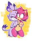  2022 absurd_res amber_eyes amy_rose anthro anthro_on_anthro blaze_the_cat bodily_fluids breast_fondling breast_play breasts domestic_cat duo eulipotyphlan felid feline felis female female/female fondling genitals green_eyes groping_from_behind hand_on_breast hedgehog hi_res kneeling lactating mammal milk monamania nipples nude pink_body purple_body pussy sega smile sonic_the_hedgehog_(series) 