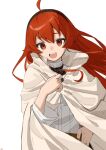  1girl ahoge black_hairband cloak eris_greyrat hair_between_eyes hairband hand_on_own_hip highres long_hair long_sleeves looking_at_viewer mushoku_tensei open_mouth red_eyes red_hair shirt simple_background solo songchuan_li white_background white_shirt 