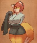  alexander_clambel anthro bottomwear breasts canid canine clothing female fox hair hi_res mammal naomi_vos pencil_skirt red_hair skirt solo thick_thighs 