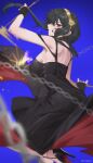  1girl ass black_dress black_gloves black_hair blocking blue_background blurry blurry_foreground breasts chain chilakkk dagger depth_of_field dress dual_wielding earrings fingerless_gloves gloves gold_earrings gold_hairband hairband high_heels highres holding holding_dagger holding_knife holding_weapon jewelry knife large_breasts motion_blur parted_lips red_eyes spy_x_family sweat v-shaped_eyebrows weapon yor_briar 