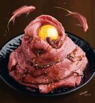  absurdres beef bubble dated egg_yolk fish floating food food_focus highres no_humans original plate roast_beef signature surreal tainosuke 