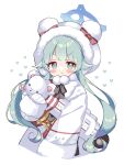  1girl animal_hood bear_hood blue_archive blush_stickers coat coat_dress fur-trimmed_coat fur_trim gloves green_eyes green_hair hair_flaps highres hood hood_up mata momiji_(blue_archive) smile solo stuffed_animal stuffed_toy teddy_bear twintails white_coat white_gloves 