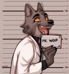  2023 anthro barbie_and_ken_mugshot_meme bust_portrait canid canine canis clothing dreamworks english_text facial_hair fangs fur grey_body grey_fur hi_res looking_sideways male mammal meme mr._wolf_(the_bad_guys) mugshot mustache open_mouth portrait solo spuydjeks suit teeth text the_bad_guys white_clothing white_suit wolf yellow_sclera 